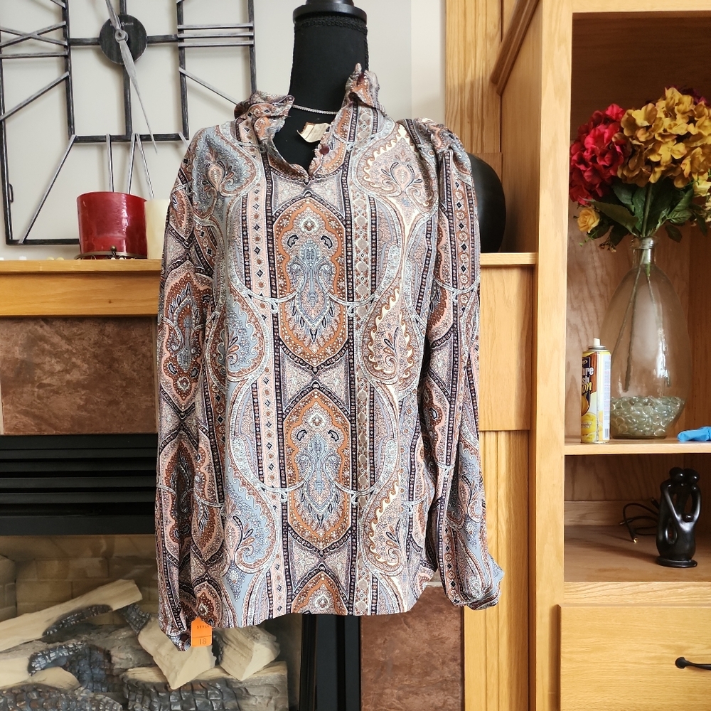 VINTAGE JERI MARQUE WOMANS LONG SLEEVE MULTI COLOR BLOUSE SIZE 18